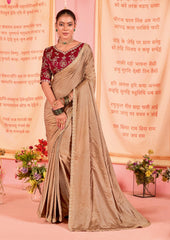 Elegant Brown Satin Embroidery Saree