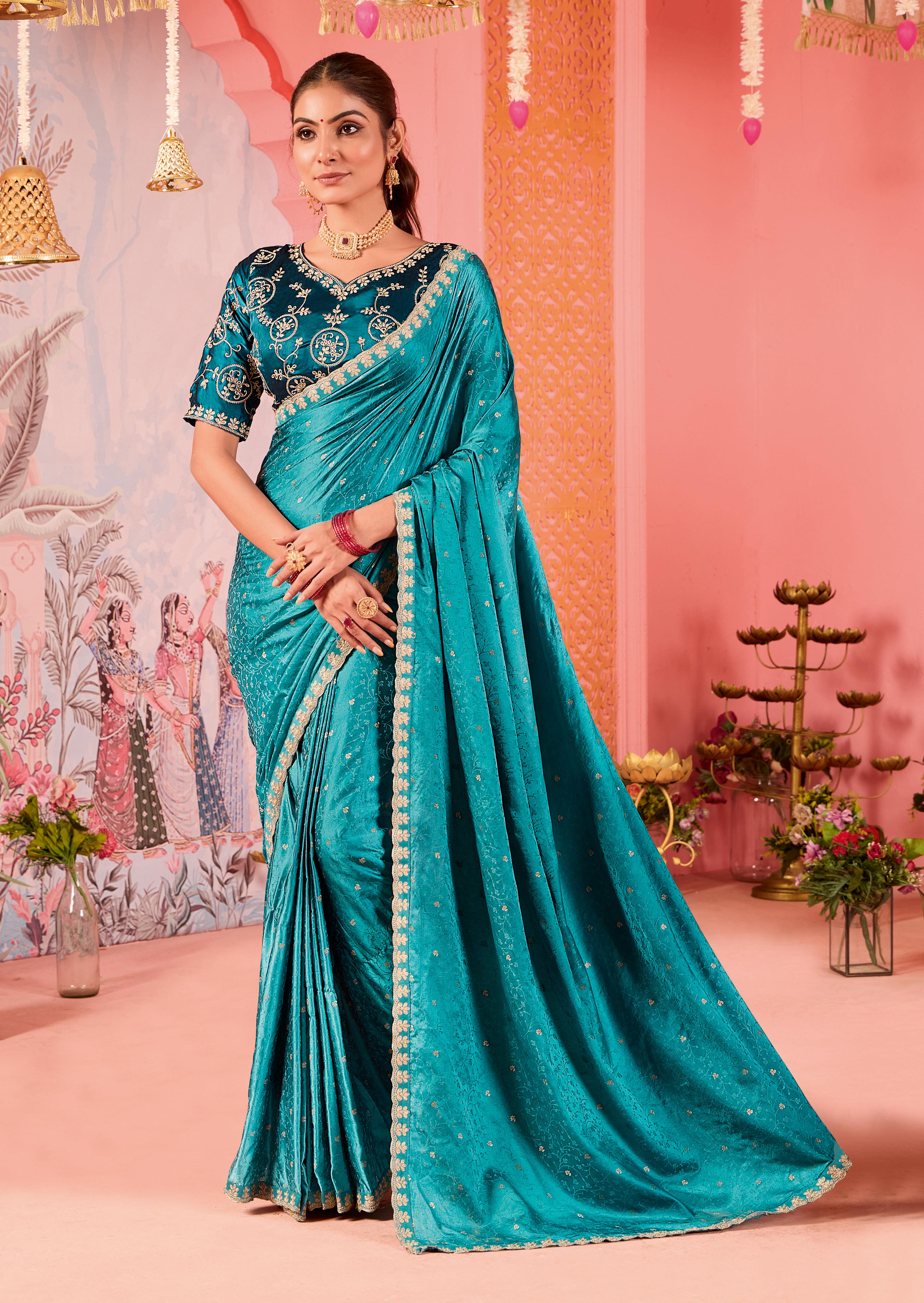 Elegant Green Satin Embroidery Saree
