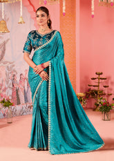 Elegant Green Satin Embroidery Saree