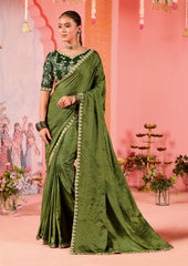 Elegant Green Satin Embroidery Saree