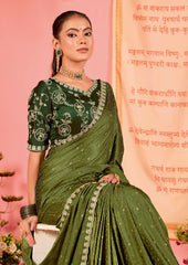 Elegant Green Satin Embroidery Saree