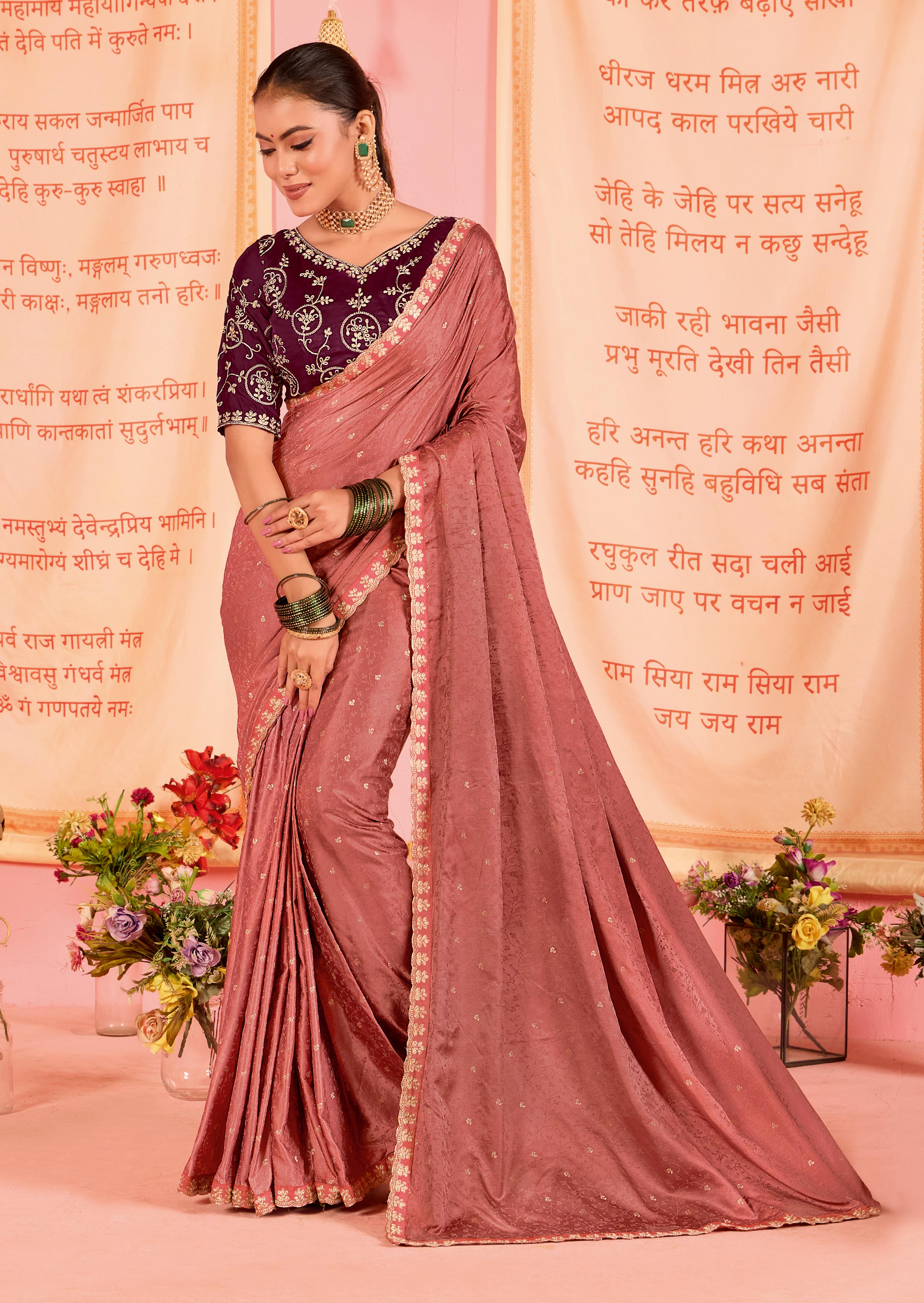 Elegant Orange Satin Embroidery Saree