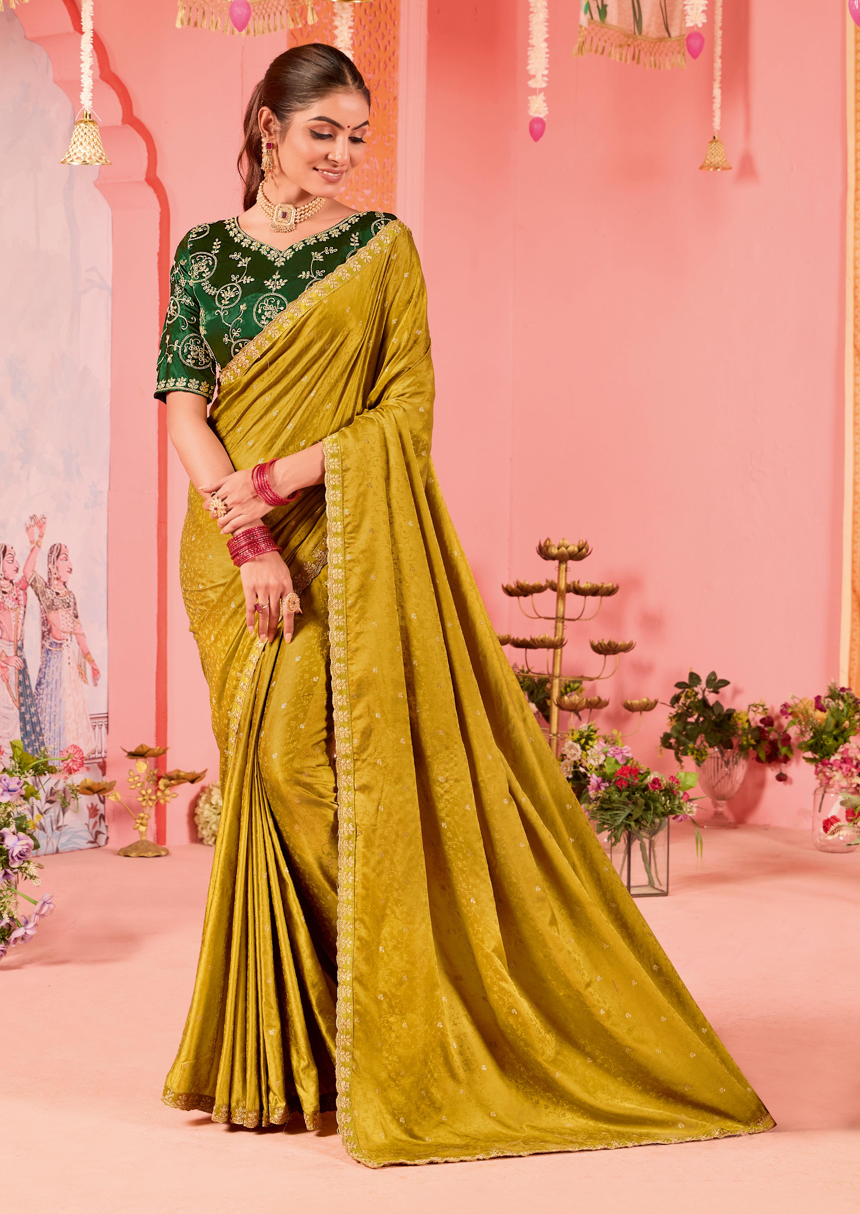 Golden Satin Embroidery Saree