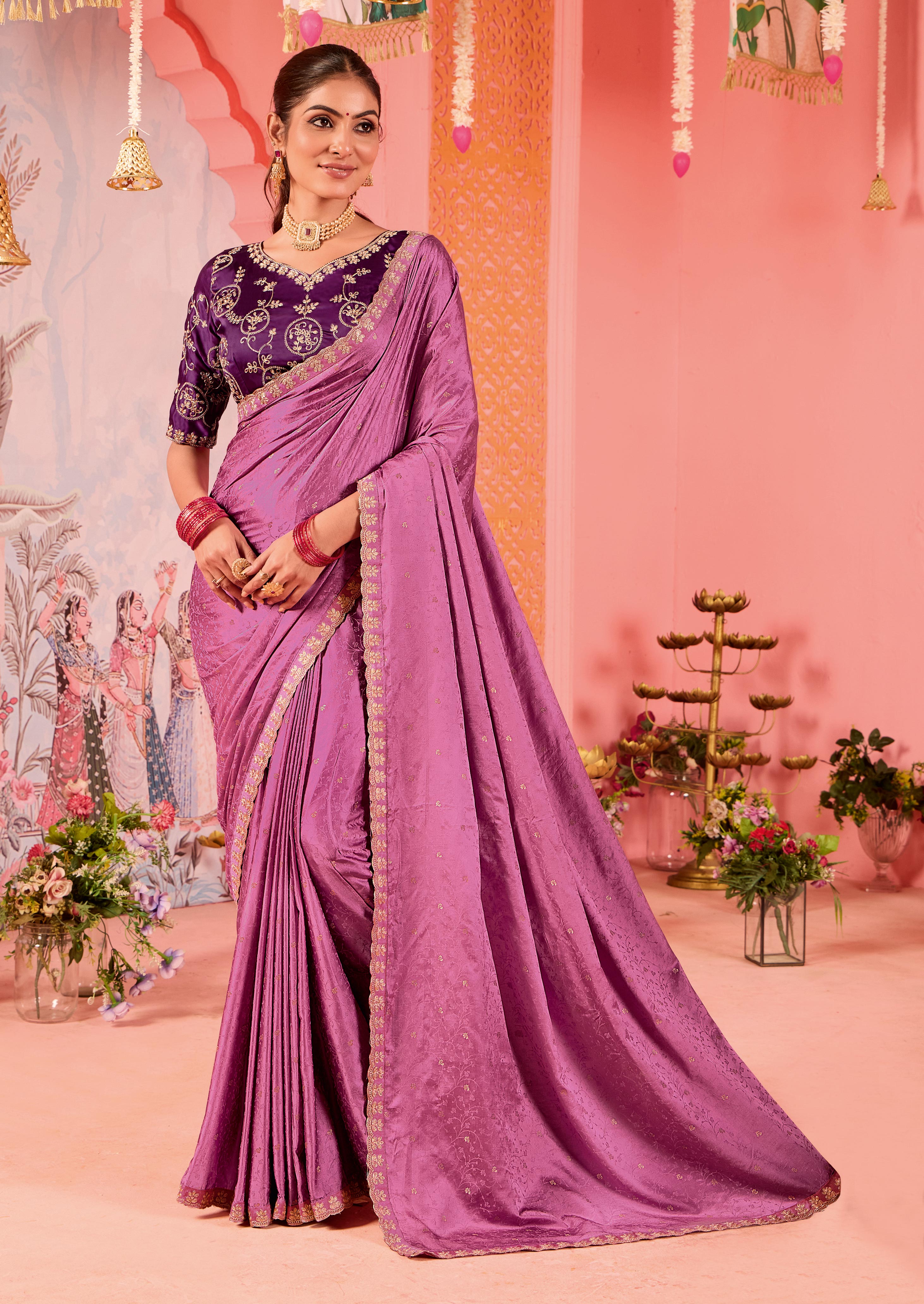 Elegant Pink Satin Embroidery Saree