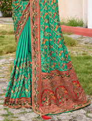 Sea Green Satin Silk Embroidery Saree-4422