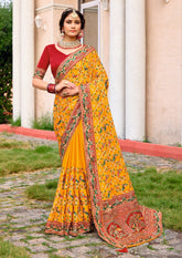 Mustard Satin Silk Embroidery Saree-4423