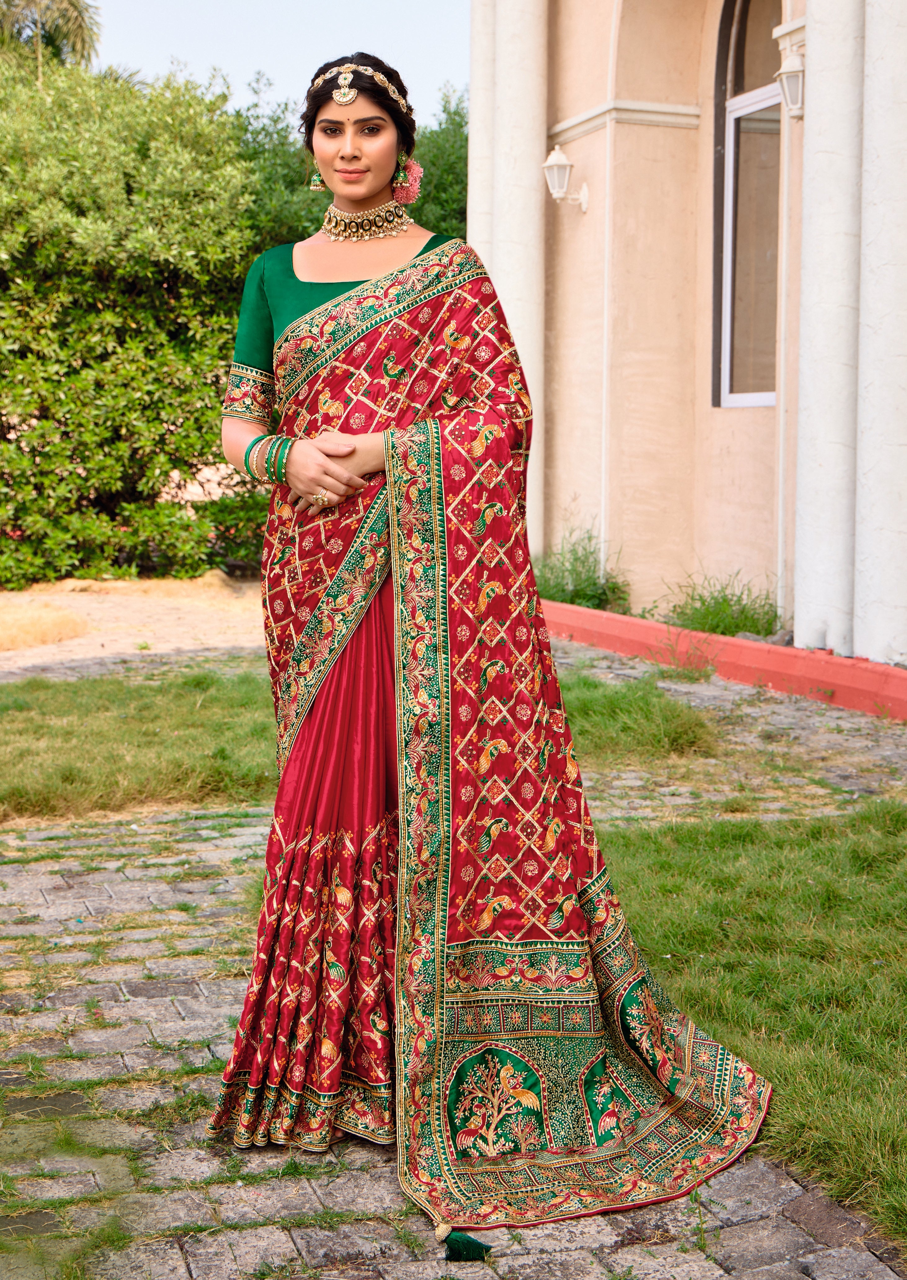Dark Pink Satin Silk Embroidery Saree-4426