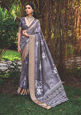 Grey Cotton Silk Digital Floral Print Saree-4427