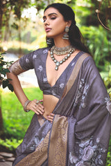 Grey Cotton Silk Digital Floral Print Saree-4427