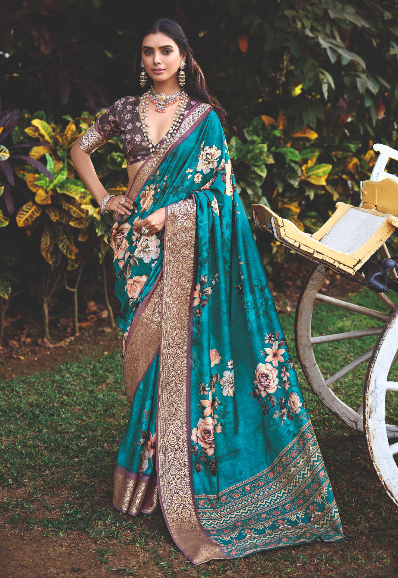Peacock Blue Cotton Silk Digital Floral Print Saree-4428