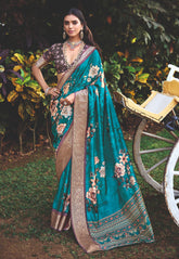 Peacock Blue Cotton Silk Digital Floral Print Saree-4428