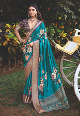 Peacock Blue Cotton Silk Digital Floral Print Saree-4428