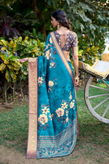 Peacock Blue Cotton Silk Digital Floral Print Saree-4428