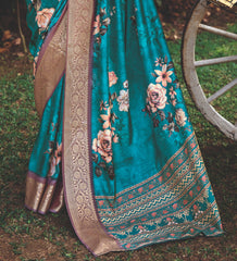 Peacock Blue Cotton Silk Digital Floral Print Saree-4428