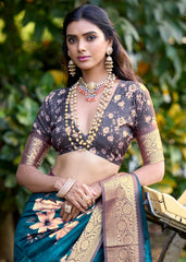 Peacock Blue Cotton Silk Digital Floral Print Saree-4428