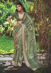 Olive Green Cotton Silk Digital Floral Print Saree-4432