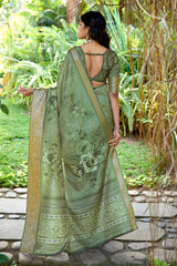 Olive Green Cotton Silk Digital Floral Print Saree-4432