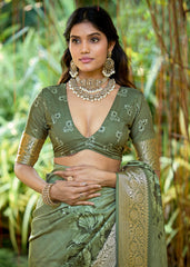 Olive Green Cotton Silk Digital Floral Print Saree-4432