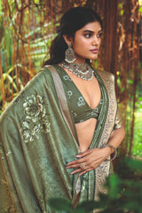 Olive Green Cotton Silk Digital Floral Print Saree-4432