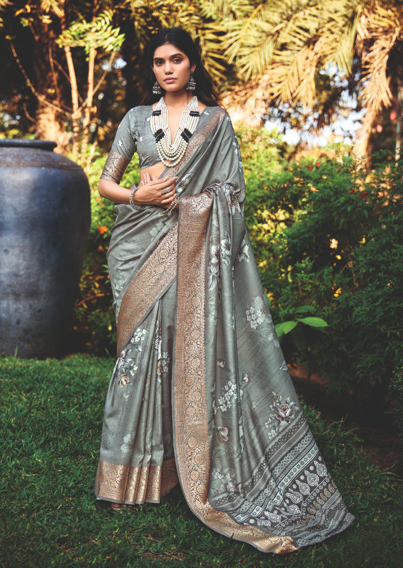 Smokey Grey Cotton Silk Digital Floral Print Saree-4434