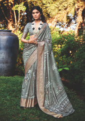 Smokey Grey Cotton Silk Digital Floral Print Saree-4434