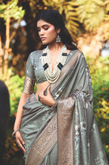 Smokey Grey Cotton Silk Digital Floral Print Saree-4434