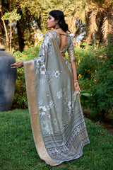 Smokey Grey Cotton Silk Digital Floral Print Saree-4434