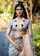 Smokey Grey Cotton Silk Digital Floral Print Saree-4434