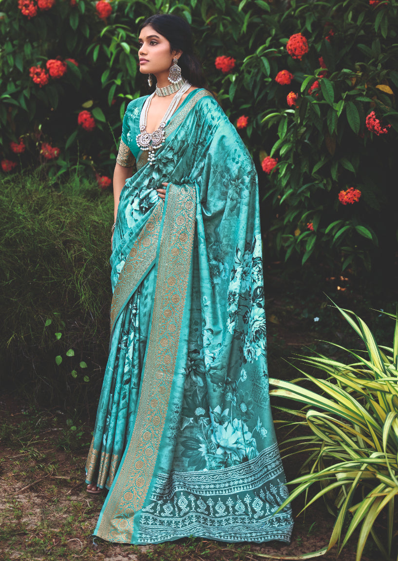 Turquoise Green Cotton Silk Digital Floral Print Saree-4436