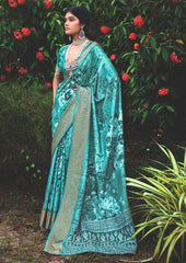 Turquoise Green Cotton Silk Digital Floral Print Saree-4436