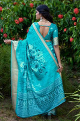 Turquoise Green Cotton Silk Digital Floral Print Saree-4436