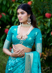 Turquoise Green Cotton Silk Digital Floral Print Saree-4436
