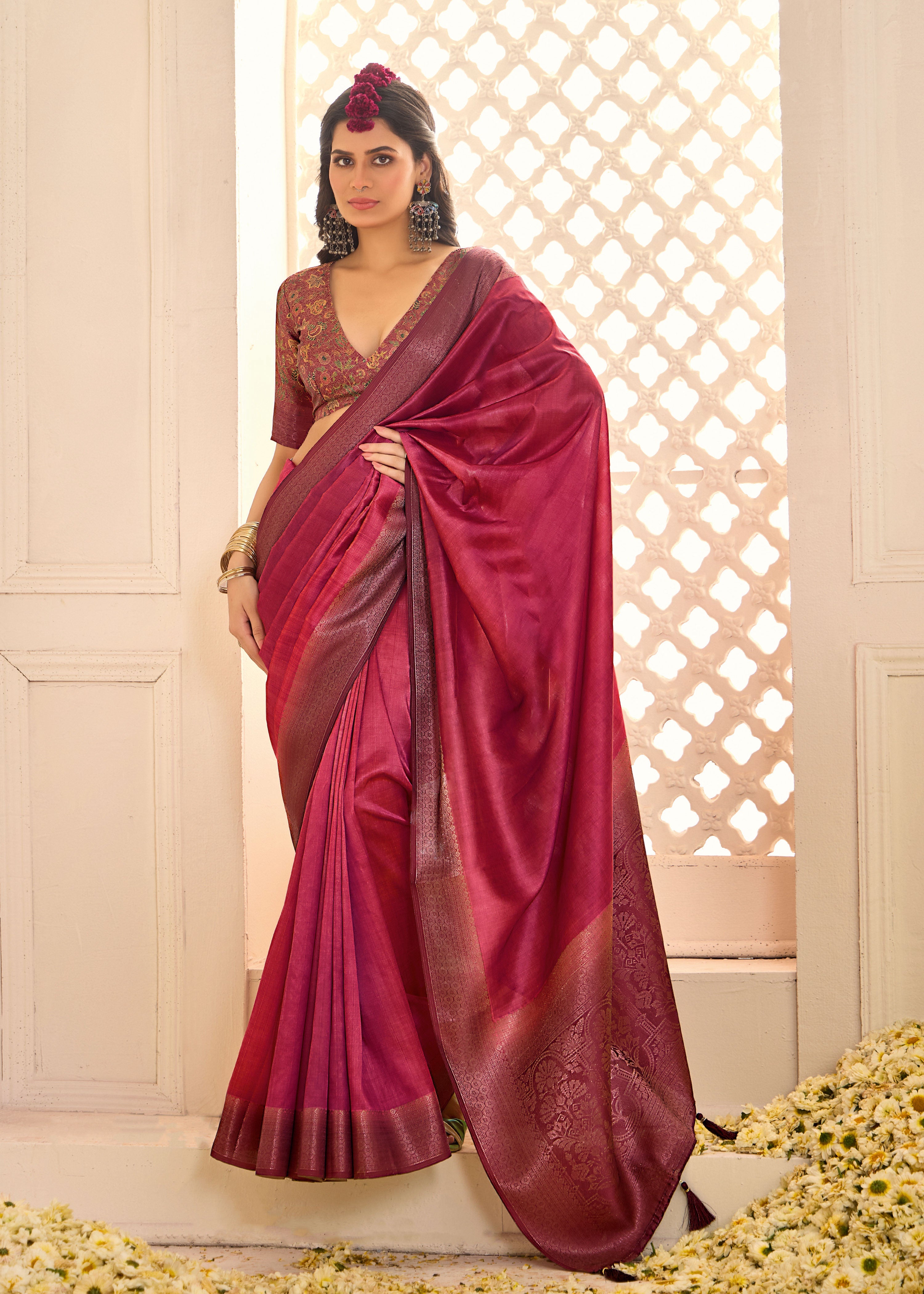Light Burgundy Tussar Silk Woven Saree-4437