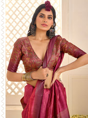 Light Burgundy Tussar Silk Woven Saree-4437