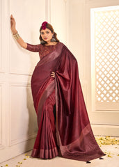 Velvet Maroon Tussar Silk Woven Saree-4441