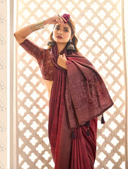 Velvet Maroon Tussar Silk Woven Saree-4441