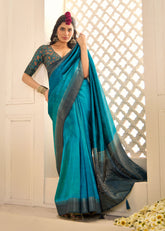 Pacific Blue Tussar Silk Woven Saree-4443