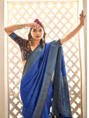 Blue Tussar Silk Woven Saree-4445