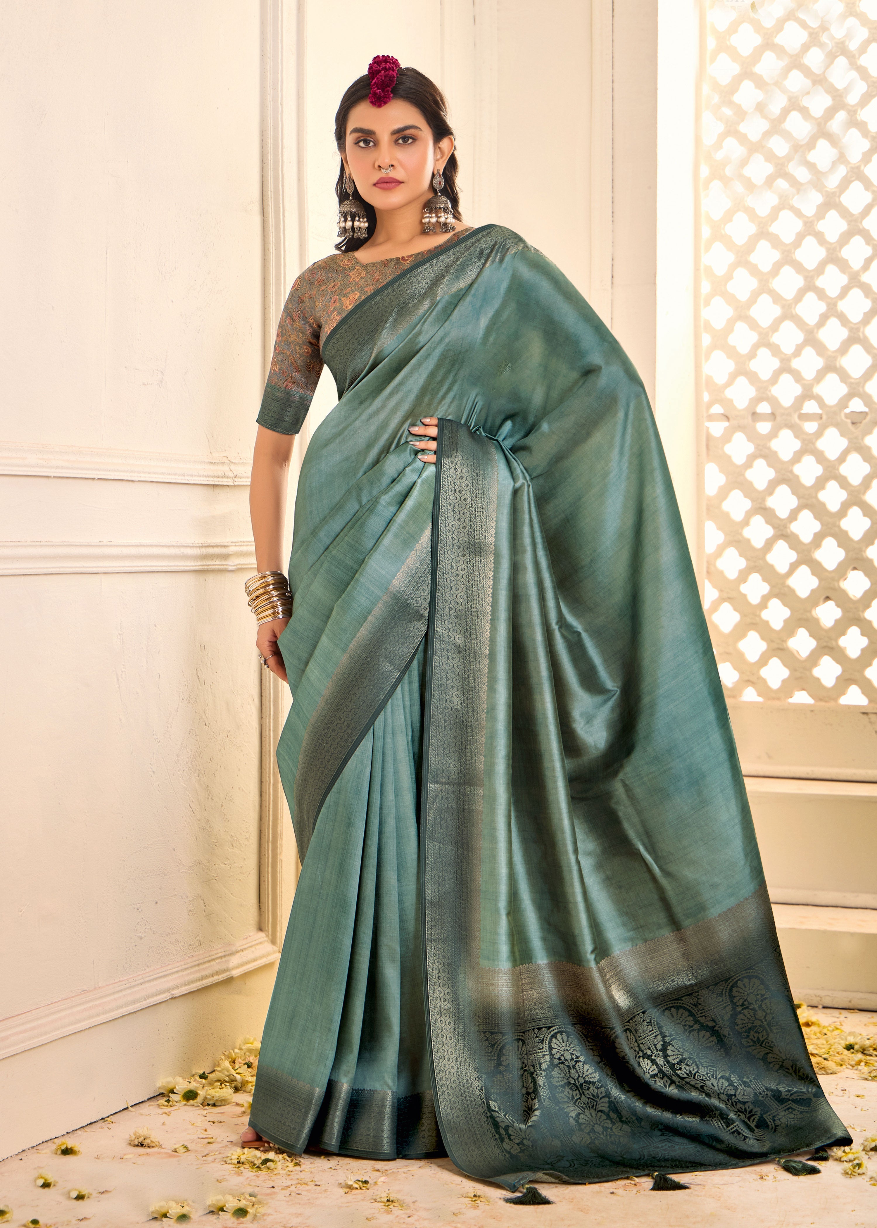 Slate Green Tussar Silk Woven Saree-4446