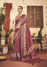 Light Maroon Tussar Silk Tribal Print Saree-4453