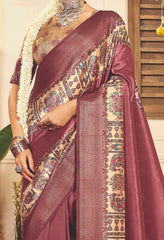 Light Maroon Tussar Silk Tribal Print Saree-4453