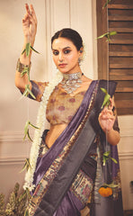 Dull Purple Tussar Silk Tribal Print Saree-4454
