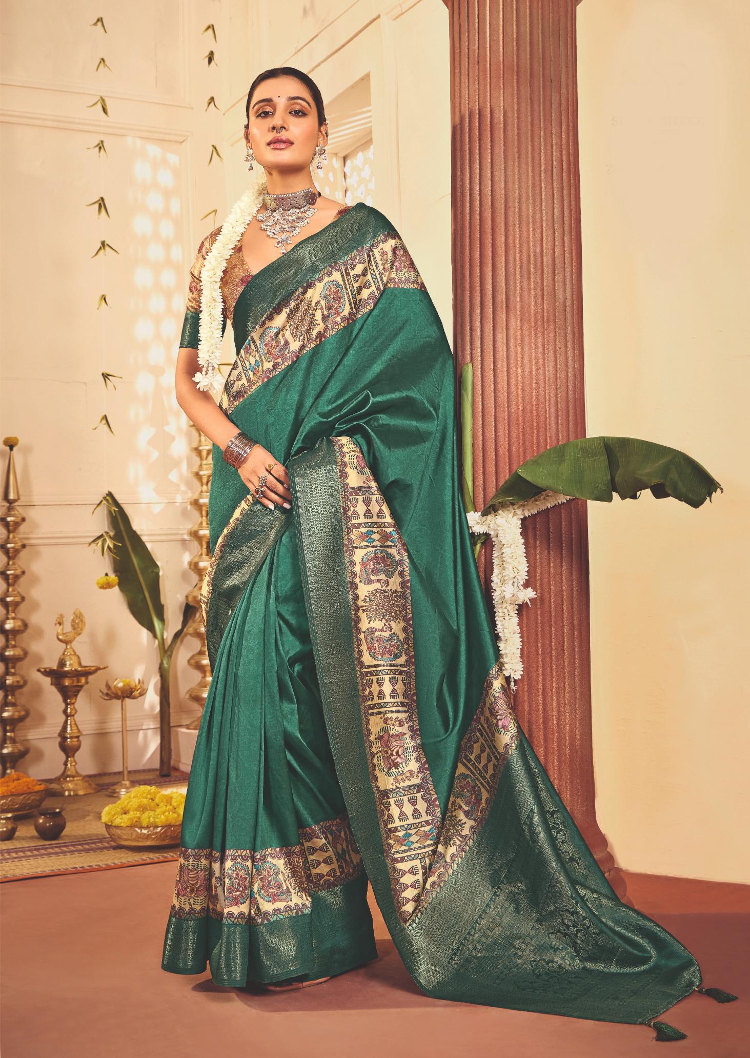 Mineral Green Tussar Silk Tribal Print Saree-4455