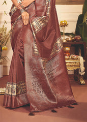Coffee Brown Tussar Silk Tribal Print Saree-4456