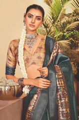 Lunar Green Tussar Silk Tribal Print Saree-4457