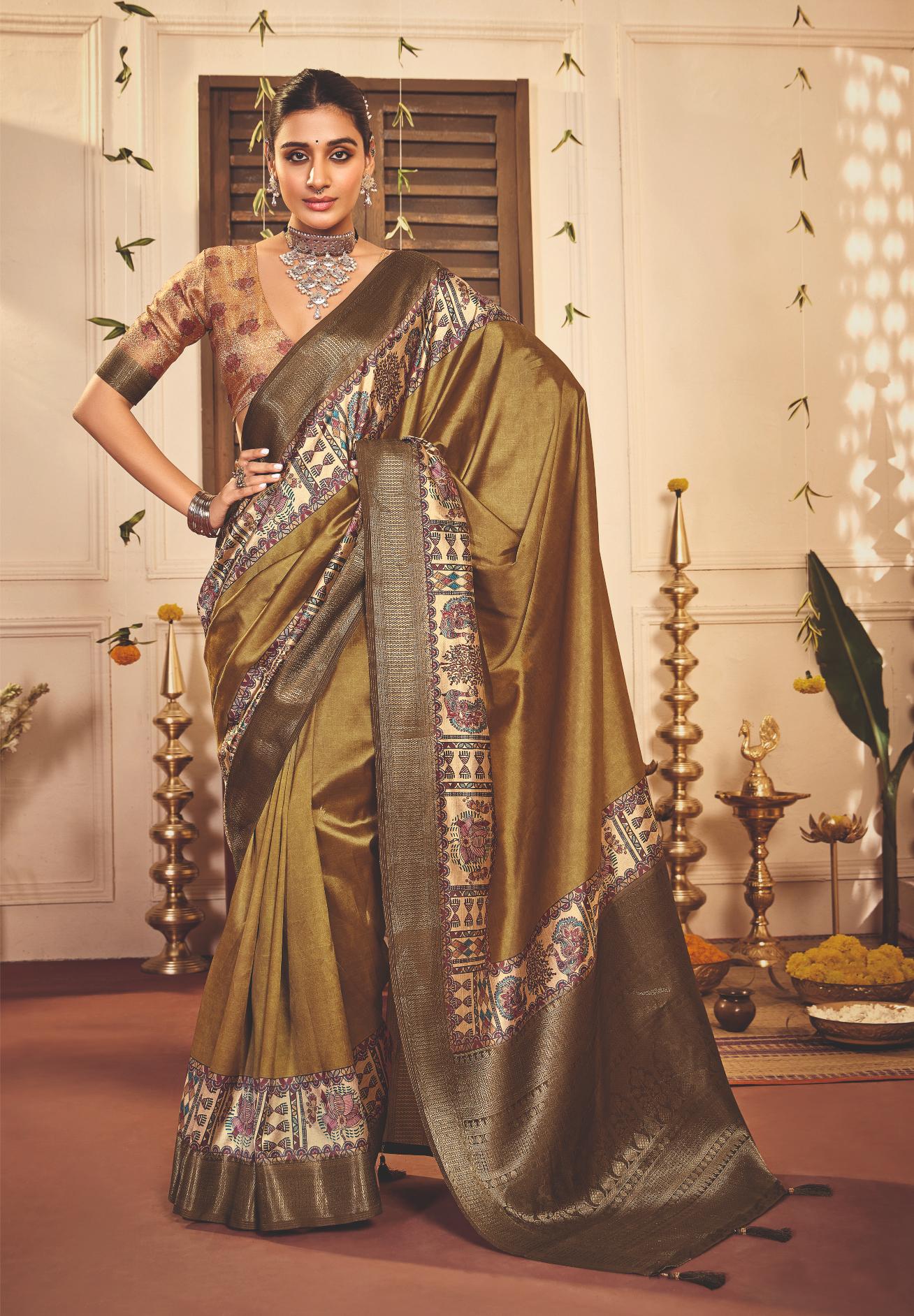 French Beige Tussar Silk Tribal Print Saree-4458