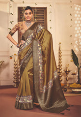 French Beige Tussar Silk Tribal Print Saree-4458