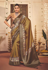 French Beige Tussar Silk Tribal Print Saree-4458