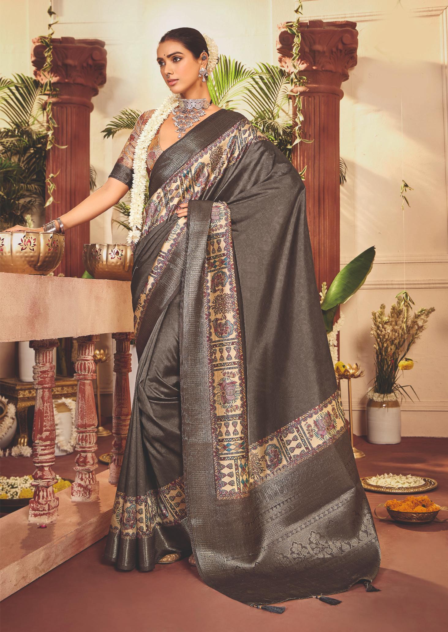 Slate Grey Tussar Silk Tribal Print Saree-4459