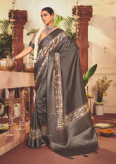 Slate Grey Tussar Silk Tribal Print Saree-4459